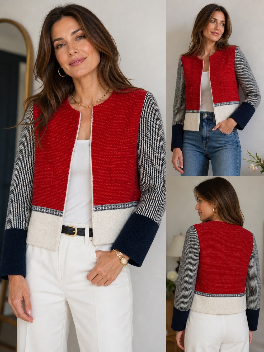 Vilagallo Colorblock Cropped Jacket in Red, Navy & Cream
